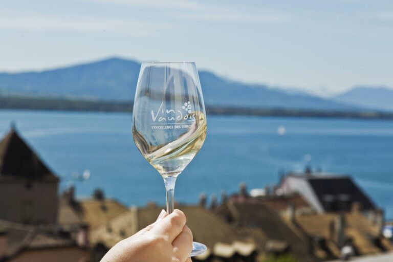 Verre de vin blanc levé face au Léman, au-dessus des toits de Lavaux