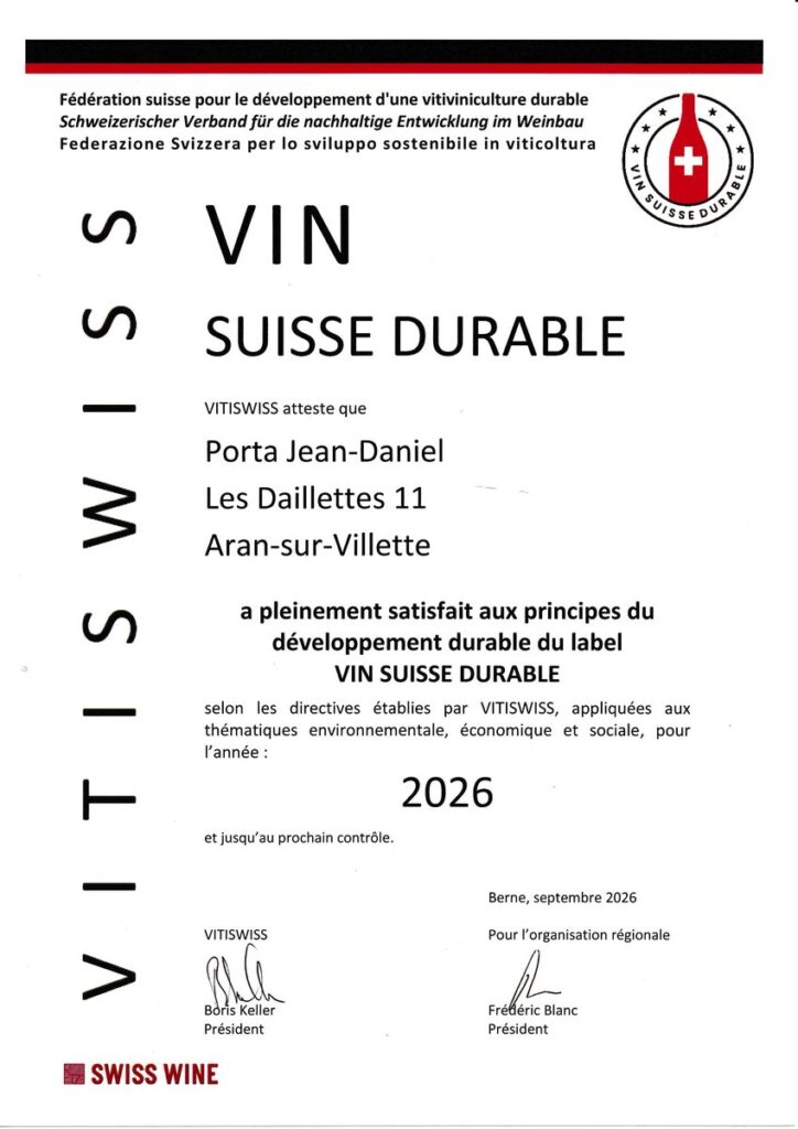 Certificat Vin Suisse Durable 2026, Domaine Porta